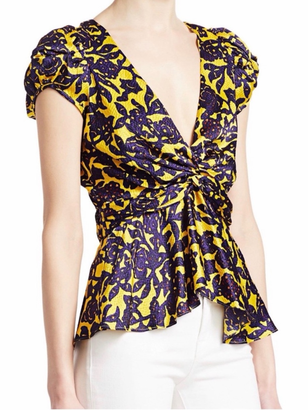 A.L.C. Knot-Front Floral Peplum Top in Yellow & Purple - size 6 and 8
